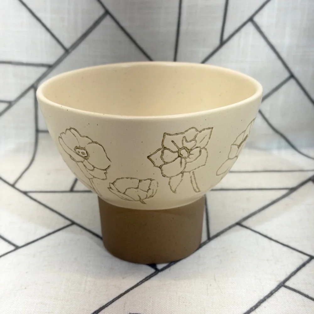World Market Kolor Me Koby Footed Bowl 6in Cream Brown Floral Ceramic Pedestal